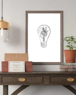 Kwiaty w żarówce plakat line art