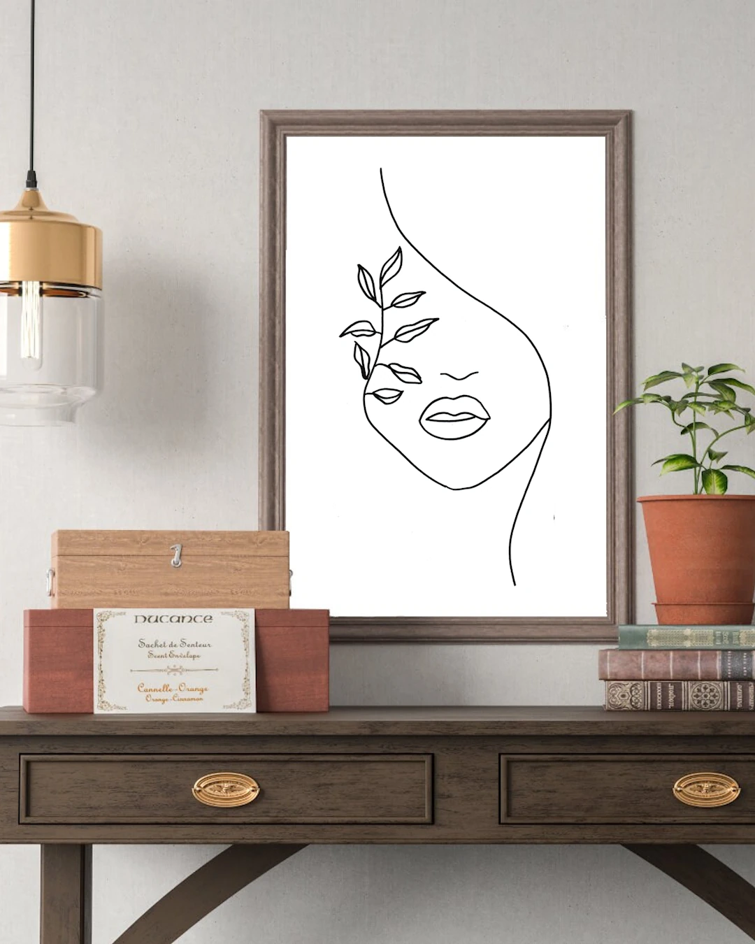 Twarz kobiety z rośliną plakat line art